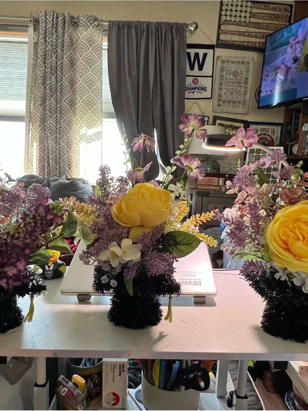 Yellow & Purple Faux Floral Arrangement - Decorative Centerpiece